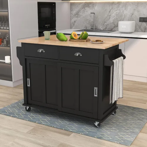 Delicate Rolling Kitchen Island Cart with Rubber Wood Drop-Leaf Countertop and Lockable Rollers,Storage Cabinet and 2 Drawers,Sliding Barn Door