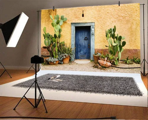 Miniatura 4 de Leyiyi Fondo de fotografía de 5 x 3 pies, diseño de cactus de México, edificio occidental, planta del desierto, Saguaro, grunge, piedra, pared