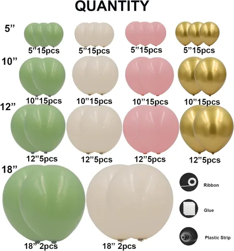 Miniatura 2 de Kit de arco de globos rosa y verde, 144 unidades, guirnalda de globos de color rosa pastel, verde salvia, blanco, arena y oro, para niñas, bosque