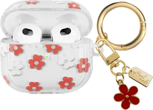 Miniatura 10 de Funda compatible con AirPods 3 2021, TPU suave con bonito patrón de flores para AirPods de 3ª generación con llavero de flores y mosquetón para Negro