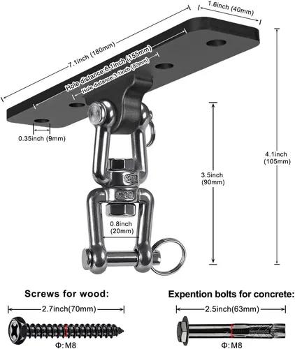 Miniatura 7 de Dolibest Colgador de columpio resistente, gancho giratorio de montaje en techo, soporte de viga de madera de rotación de 360°, sistemas de Anclaje