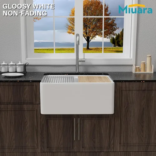 Miniatura 9 de Miuara Fregadero blanco con estación de trabajo de granja de 24 pulgadas, fregadero de cocina frontal con delantal de arcilla refractaria pequeño
