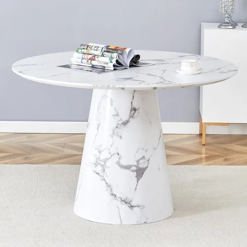 Miniatura 10 de Mesa de comedor redonda de 45 pulgadas, moderna mesa de madera de imitación de mármol, mesa gruesa y espaciosa con base de pedestal, fácil
