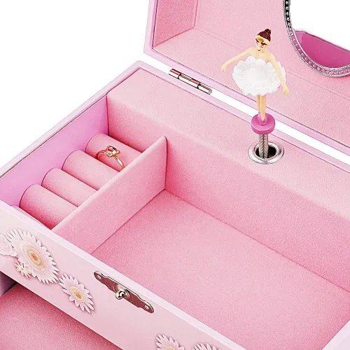Miniatura 2 de RR ROUND RICH DESIGN - Joyero musical para niñas con cajón y juego de joyas con tema de bailarina, melodía de “El lago de los cisnes”, color rosado