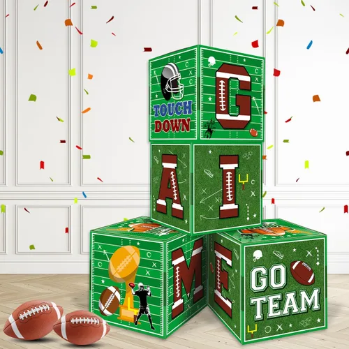 Decoraciones de fiesta de fútbol – Juego de 4 cajas de globos con temática de fútbol americano con letras "GAME" y "TIME", cajas de globos de
