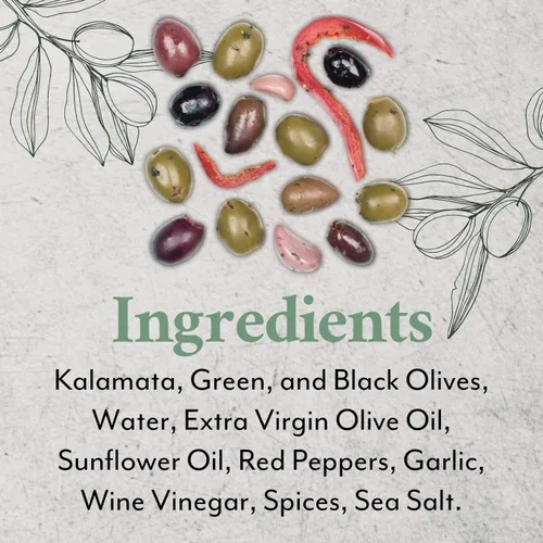 Miniatura 7 de Roland Foods Mezcla de aceitunas griegas country, aceitunas enteras sin hueso marinadas con ajo y pimientos Pepperoncini, alimentos importados