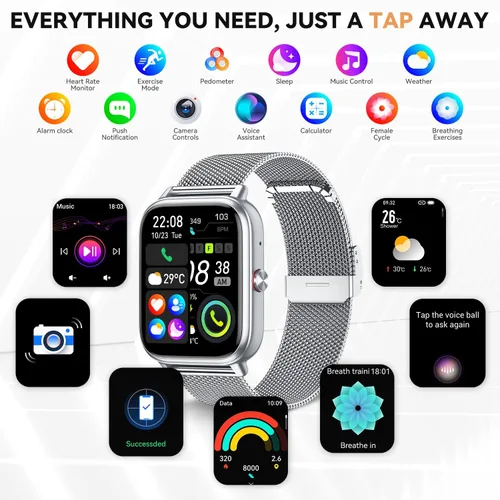 Miniatura 8 de Reloj inteligente para mujeres y hombres, batería de 1000 mAh, contador de actividades, compatible con Android iPhone iOS, 3 correas Plateado