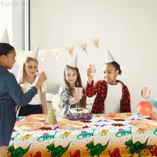 Miniatura 8 de KatchOn, Mantel de dinosaurio extra grande para cumpleaños, 108 x 54 pulgadas, paquete de 2 manteles de dinosaurio para fiesta de cumpleaños, mantel