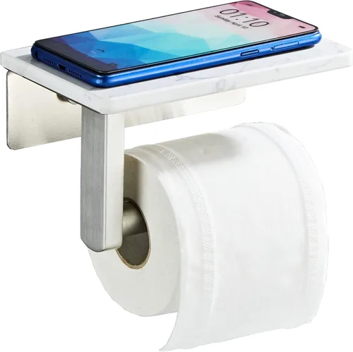 Miniatura 8 de Soporte de papel higiénico negro mate con estante, tornillo de acero inoxidable 304 montado en la pared, soporte de rollo de papel de mármol