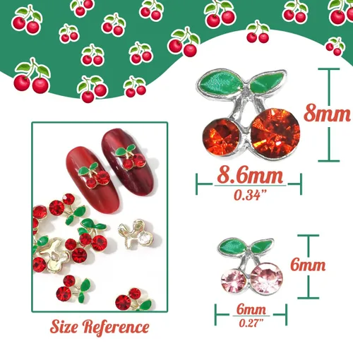 Miniatura 6 de 40 dijes de uñas de cereza 3D con diamantes de imitación para arte de uñas, gemas brillantes con brillantina para uñas, rebanadas de uñas kawaii