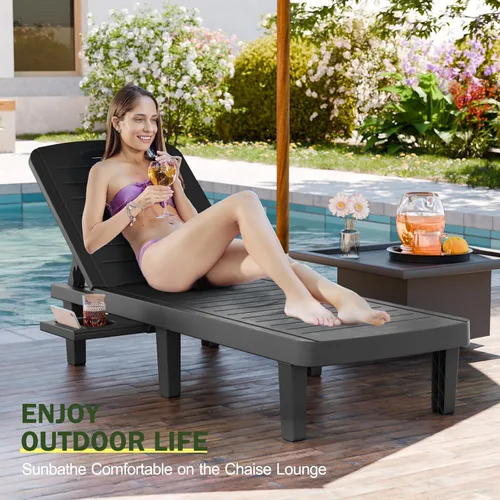 Miniatura 2 de CDCASA Chaise Lounge al aire libre, sillas de piscina multifuncionales con 5 posiciones ajustables y bandeja lateral, salas de resina impermeables
