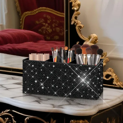 Miniatura 2 de Bling - Organizador de brochas de maquillaje, 3 ranuras para cosméticos, soportes de almacenamiento con diamantes de imitación brillantes, bonito