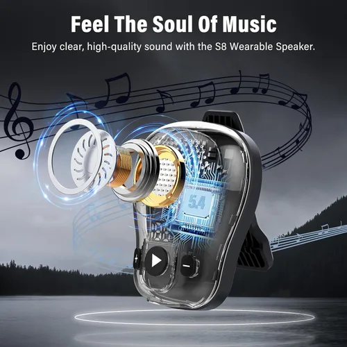 Miniatura 2 de Altavoz Bluetooth Vestible, altavoces portátiles inalámbricos con clip, altavoz de clip impermeable IP56 de hasta 18 horas de duración de la Negro
