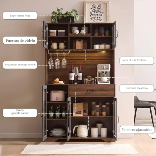 Miniatura 3 de Fatmok - Armario de despensa de 71 pulgadas, gabinete de almacenamiento para barra de café con estación de carga y luces LED, alacena alta de cocina