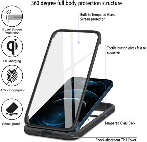 Miniatura 2 de Glass+ Funda compatible con iPhone 12/12 Pro de 6.1 pulgadas, 2020 funda transparente de cuerpo completo con protector de pantalla de vidrio