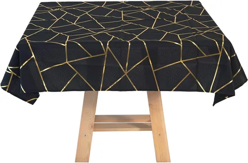Mesa cuadrada de poliéster de 54 x 54 pulgadas, color negro con diseño geométrico metálico dorado