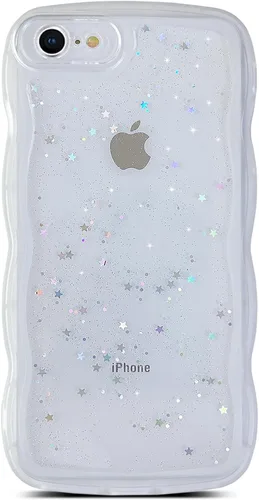 Miniatura 72 de Qokey Funda para iPhone 12 Pro Max de 6.7 pulgadas, diseño de onda rizada, borde transparente, brillante con purpurina, estrella brillante, bonita