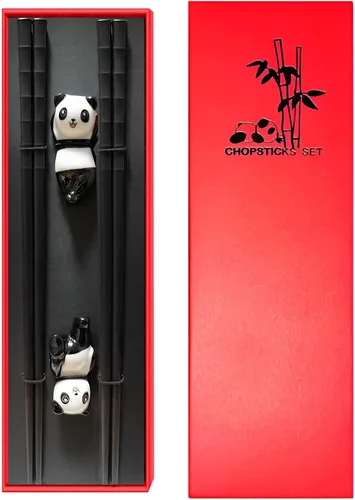 Juego de palillos panda con reposo de regalo, aptos para lavavajillas, reutilizables, de fibra de vidrio, palillos y soporte de porcelana para
