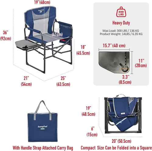 Miniatura 3 de SUNNYFEEL Silla de camping para directores, silla plegable portátil de gran tamaño con mesa lateral, bolsillo para playa, pesca, viaje, picnic, Azul