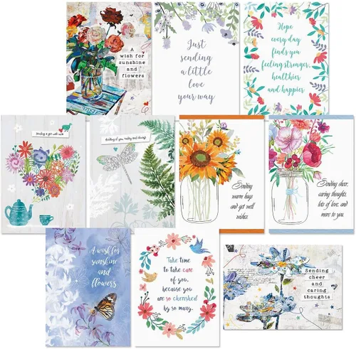 Current Caring Get Well Wishes Tarjetas de Felicitación Paquete de Valor - Juego de 20, 10 diseños únicos, tarjetas grandes de 5 x 7 pulgadas,