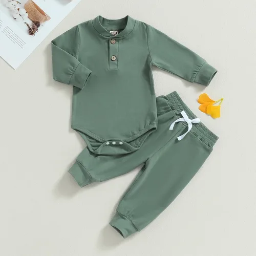 Miniatura 3 de Ropa de bebé recién nacido, ropa de punto acanalado, manga larga, pantalones de algodón sólido, trajes de otoño e invierno, 2 piezas