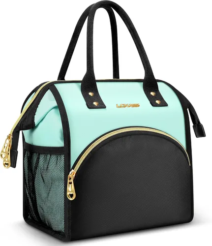 Miniatura 11 de Bolsa de almuerzo aislada para mujer, bolsa de almuerzo de apertura amplia, soporte grande para bebidas, organizador térmico de nailon duradero