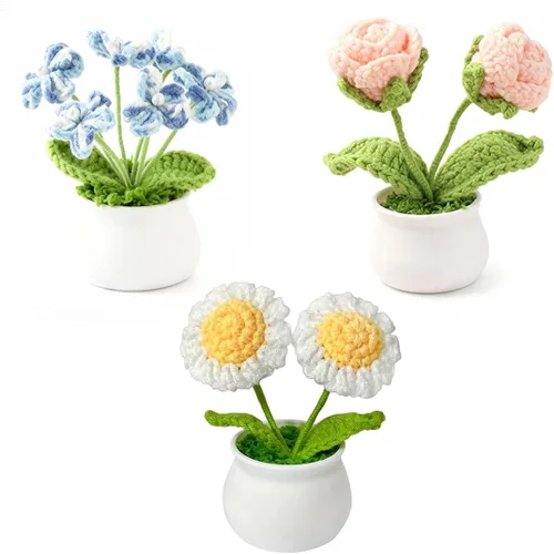 Juego de 3 macetas de ganchillo con margarita rosa y Forget Me Not Small Potted Flowers Crochet Regalo para mamá, esposa, Día de la Madre,