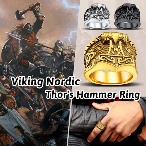 Miniatura 2 de FaithHeart Norse Viking Jewelry - Anillo de acero inoxidable de guerrero para hombre con diseño vikingo de cabeza de lobomartillo de Thor