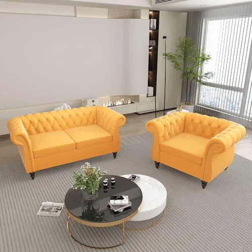 Miniatura 37 de QHITTY Juego de 2 piezas para sala de estar, Sofá Seccional Chesterfield Silla Contemporáneo Tapizado de Terciopelo Loveseat Juego de Sofás