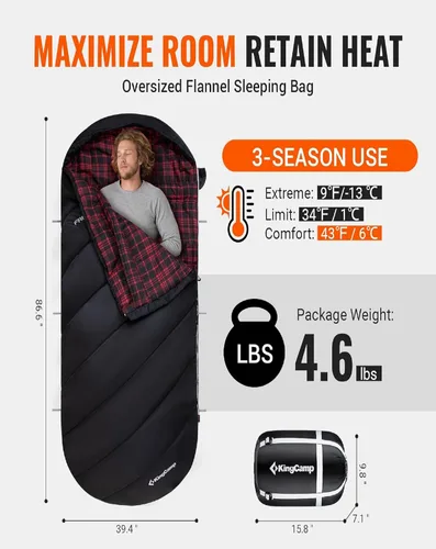 Miniatura 3 de KingCamp Sleeping-Bags Sleeping Bag for Adults, Cold Weather & Warm Extra Wide Big & Tall XL Portable Waterproof Flannel Sleeping Bags