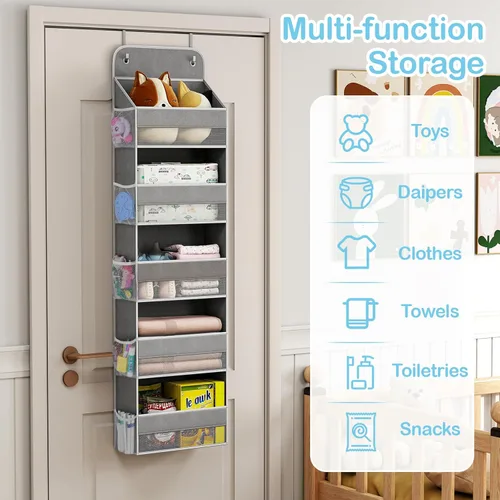 Miniatura 7 de LAMU Organizador de 5 niveles para colgar sobre la puerta, columpio, a prueba de armario, almacenamiento detrás de la puerta para ropa de bebé