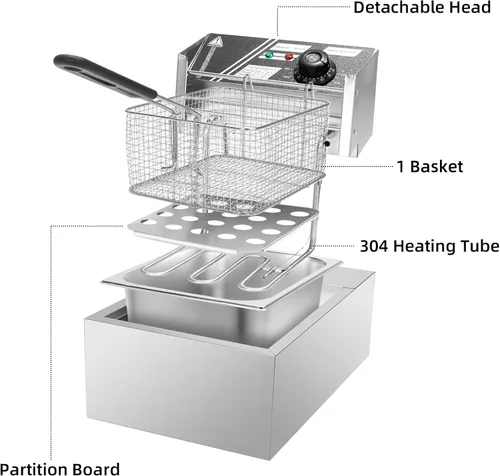 Miniatura 4 de Freidora comercial con canasta, 11.4 cuartos de galón desmontable de gran capacidad de acero inoxidable para encimera de aceite eléctrico tanque