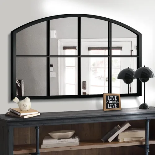 Miniatura 10 de WAMIRRO Espejo de pared de rejilla negra, espejo de ventana ancha negro, espejo de pared arqueado de granja, espejo de repisa para chimenea, Black-2