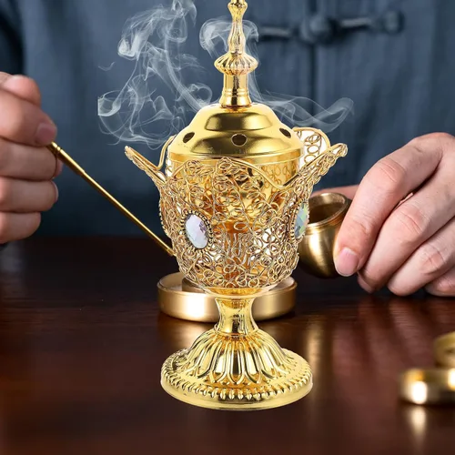 Miniatura 7 de Quemador de incienso eléctrico de metal, estilo de Oriente Medio, incensario eléctrico de mesa para hogar, oficina, yoga, spa, decoración de Dorado