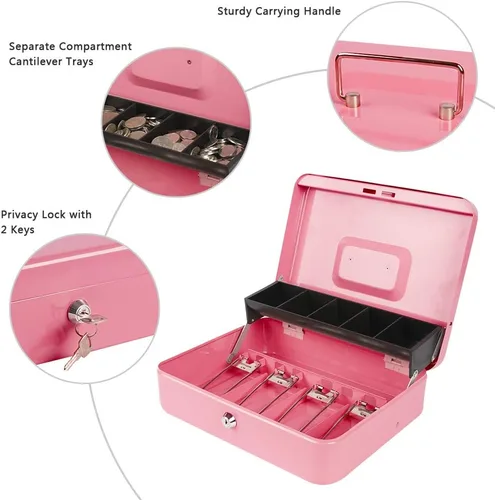 Miniatura 4 de KYODOLED Caja de dinero con cerradura con cerradura, caja de dinero con bandeja para efectivo, caja fuerte con cerradura con llave, organizador