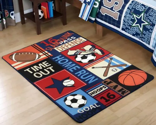Miniatura 8 de HUAHOO Alfombra deportiva azul para niños, alfombra deportiva de nailon para niños y niñas, alfombra estampada con pelota de fútbol, baloncesto