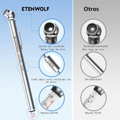 Miniatura 3 de ETENWOLF Juego de medidor de presión de neumáticos tipo lápiz de 2 piezas (10-50 PSI, 20-120 PSI) con 16 tapas de neumáticos calibradas según ANSI