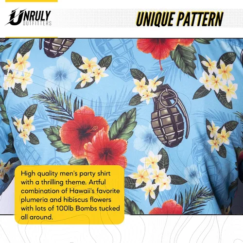 Miniatura 4 de Unruly Outfitters Camisa hawaiana para hombre, diseño de granadas azules con botones, divertidas camisas con armas de flores con pistolas
