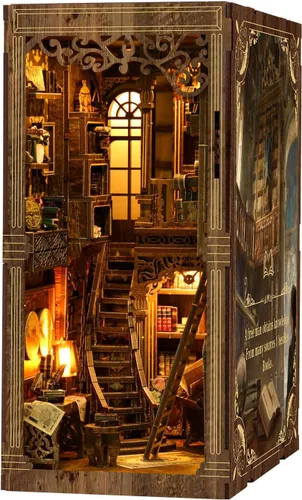 Kit de rincón de libros para adultos, rompecabezas de madera 3D, kit de casa en miniatura de la biblioteca antigua con luz LED y cubierta antipolvo,