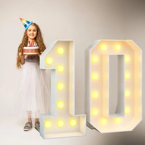 Miniatura 5 de Marquesina grande de número 0 blanca con luces y marco de mosaico, letra 0 para decoración de fiesta de cumpleaños, cartón precortado, tablero