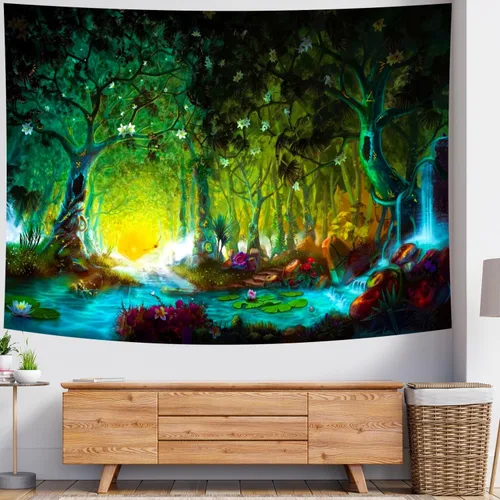 Miniatura 3 de Delur Tapiz de bosque de fantasía, río místico, encantado, de cuento de hadas, tapiz de árbol mágico de cuento de hadas, paisaje de amanecer, puesta