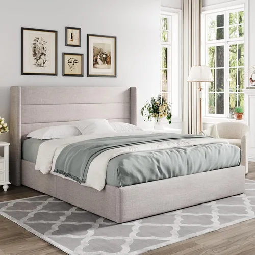 Miniatura 8 de Allewie Cama de almacenamiento elevable tamaño Queen, cabecera moderna con respaldo alado, soporte hidráulico, no necesita somier, color beige claro