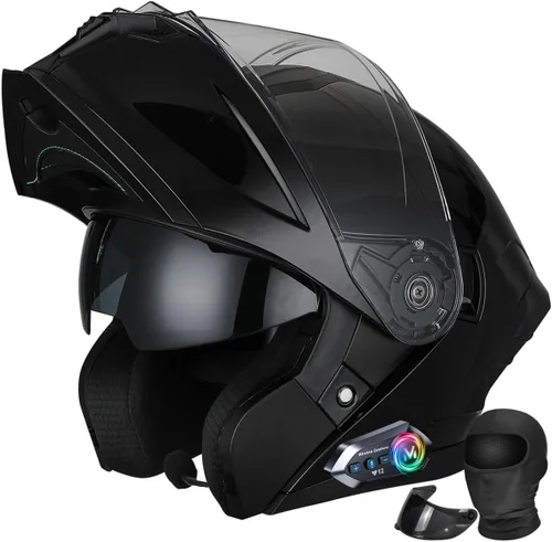 Miniatura 11 de Casco modular de motocicleta Bluetooth aprobado por DOT, abatible de cara completa con doble visera antivaho integrada, forro extraíble lavable