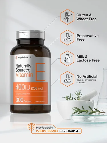 Miniatura 4 de Horbäach Suplemento de vitamina E 400 UI (268 mg) 300 cápsulas de cápsulas blandas D-alfa tocoferol Fórmula sin OMG y sin gluten