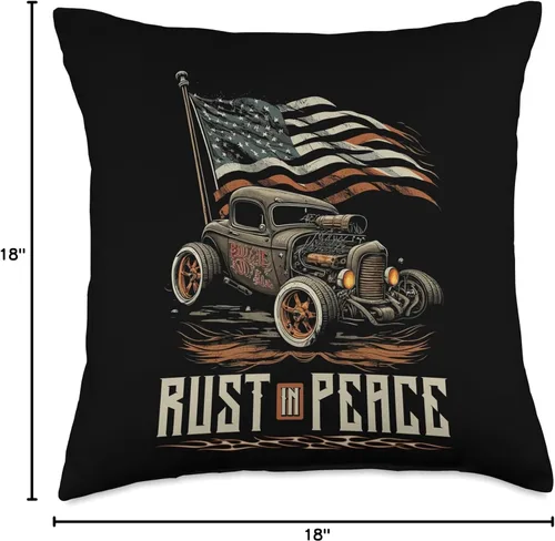 Miniatura 4 de Rat Rod & Hot Rodder Gift for Rust Bucket Car Fans Hot Rusty Car Rust in Peace, almohada patriótica vintage para barra de rata, 18 x 18 pulgadas