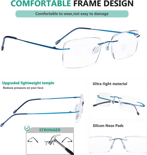 Miniatura 4 de Eyekepper Paquete de 3 lentes de lectura de metal sin montura para hombres, lectores rectangulares sin marco (negro/azul/plomizo)+0.00