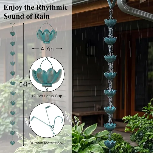 Miniatura 2 de Topadorn Cadena de lluvia de 8.5 pies con 12 tazas de loto, cadena de agua alternativa de lluvia de canalón de metal para jardín al aire libre