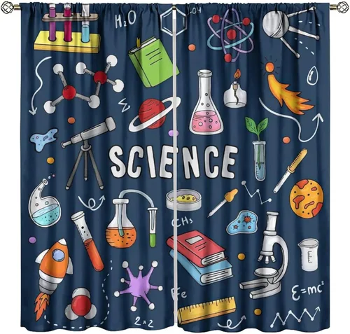 Miniatura 62 de Cortinas opacas para ventanas de ciencia para niños, lupa de libro de laboratorio de ciencia, lupa, frascos moleculares, cortinas impresas