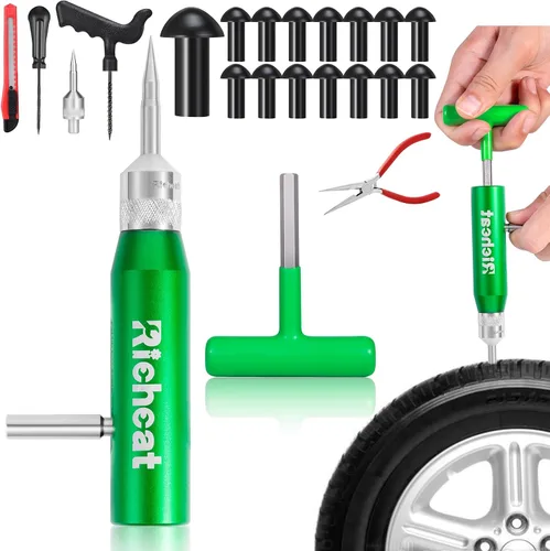 Miniatura 9 de Richcat Kit de reparación de pinchazos de neumáticos sin cámara con tapón de seta, repara pinchazos y neumáticos planos para motocicletas