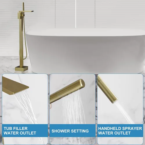 Miniatura 3 de RUMOSE Llenador de bañera de oro cepillado, relleno de bañera independiente para montaje en el suelo, grifo de bañera de cascada con certificado